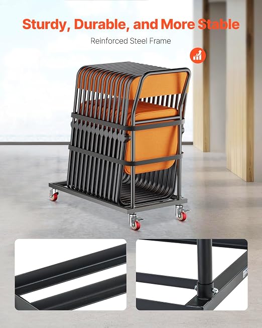 VEVOR Folding Chair Rack, 300 LBS Capacity, L-Shape Vertical Placement Chair Cart for 25 Chairs, Heavy-Duty Metal Chair Storage Dolly with Rubber Wheels, Multi-Function Chair Holder, Matte Black | Folding Chair Rack with Rubber Wheels, Heavy-Duty Metal... - Image 3