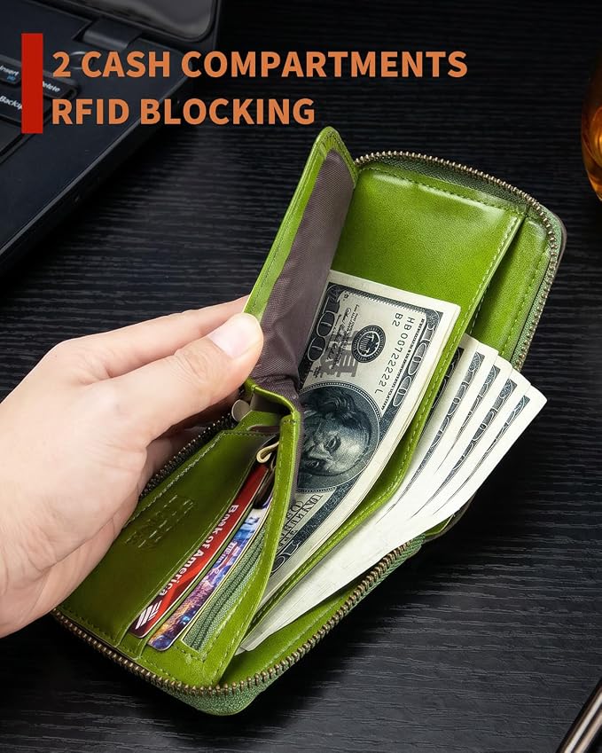 Men's Leather RFID Wallet with Zipper, 14 Card Slots, ID Window | Zippered coin pocket separates loose change; organized for commuting and everyday carry (Green) - Image 6
