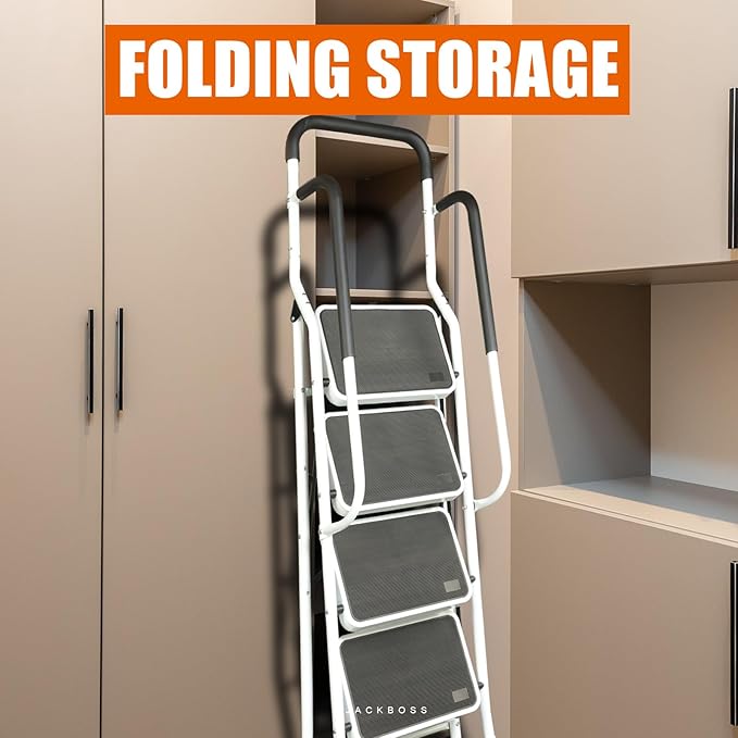 Jack Boss 4 Step Ladder, Requires Simple Installation, Folding Lightweight Step Stool with Handrails and Wide Anti-Slip Pedal for Home, Kitchen and Garage, Service Height 37.8 inch, 400 lbs Capacity - Image 5