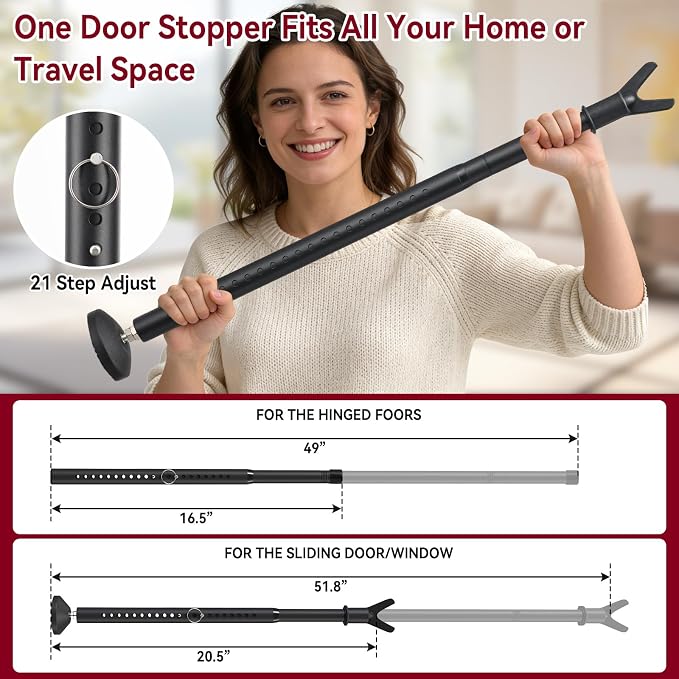 Door Security Bar, Heavy Duty Sliding Glass Door Security Bar for Front Door, 3-in-1 Adjustable Door Barricade from Inside, Door Stoppers with Lock Pin for Home Apartment Safety Protection, Black - Image 3