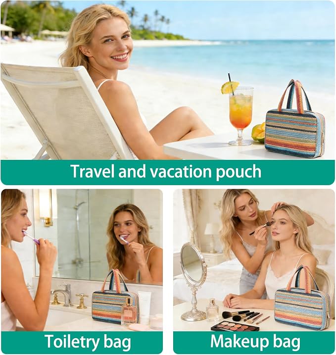 Toiletry Bag with Hanging Hook Straw Rainbow Stripes Cosmetic Bag Water-resistant Travel Bag Preppy Makeup Bag for Store Toiletries Cosmetic Accessories and Sets for Women Blue - Image 6