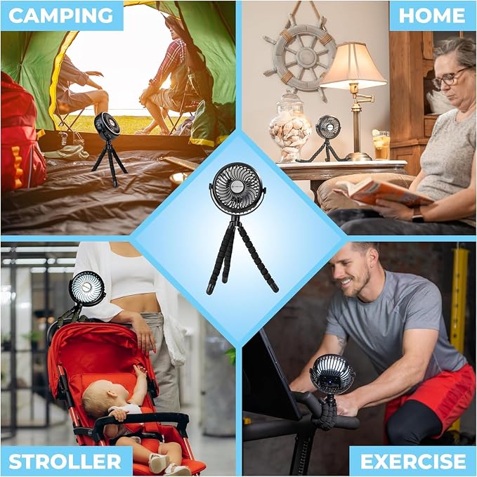Comfort Zone Portable Stroller Fan, Light Blue | Rechargeable Battery Operated, Clip-On with 360° Flexible Tripod, LED Light, 3-Speed Cooling - Image 4