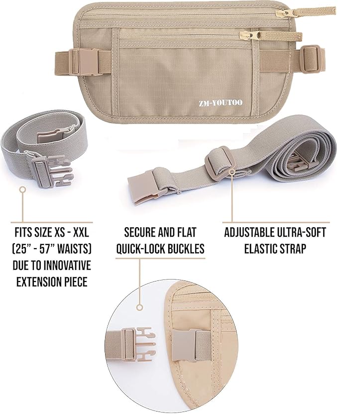 ZM-YOUTOO Money Belt for Travel - Hidden Travel Pouch Protect Your Credit and Money With RFID Blocking Passport Holder Waist Wallet (Khaki) - Image 4