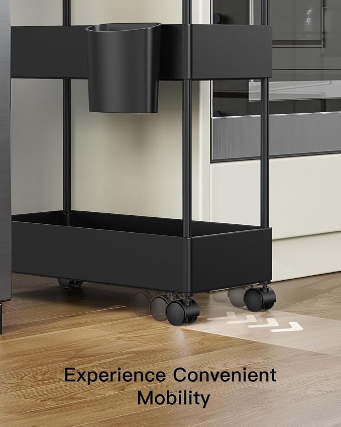 Pipishell 3 Tier Bathroom Storage Cart, Slim Storage Cart with Wheels,Black | 7.1 inch Wide - Fits Narrow Spaces, 1 Storage Cup and 6 Hooks, Ventilation Holes, Durable ABS Material, Detachable Wheels - Image 7