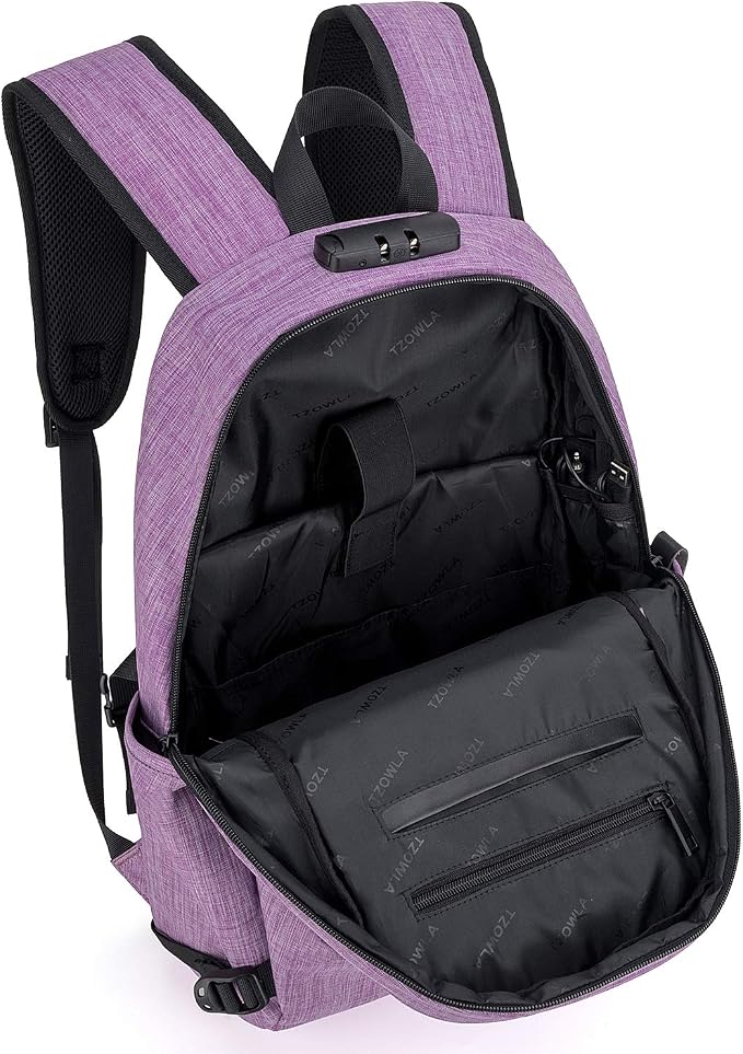 Tzowla Travel Laptop Backpack Water Resistant Anti-Theft Bag with Giant Tumbler Holder Pocket and Lock 15.6 Inch Computer Business Backpacks for Women Men Work College Gift,Casual Daypack(Purple) - Image 3
