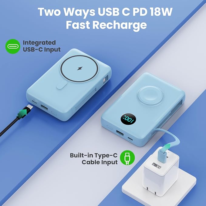 Magnetic Portable Charger 10800mAh with Built-in Cables,Wireless Power Bank,25W PD Fast Charging USB-C Travel Essentials Battery Pack for iPhone 17/16/15/14/13/12 Series,Apple Watch-Light Blue - Image 6