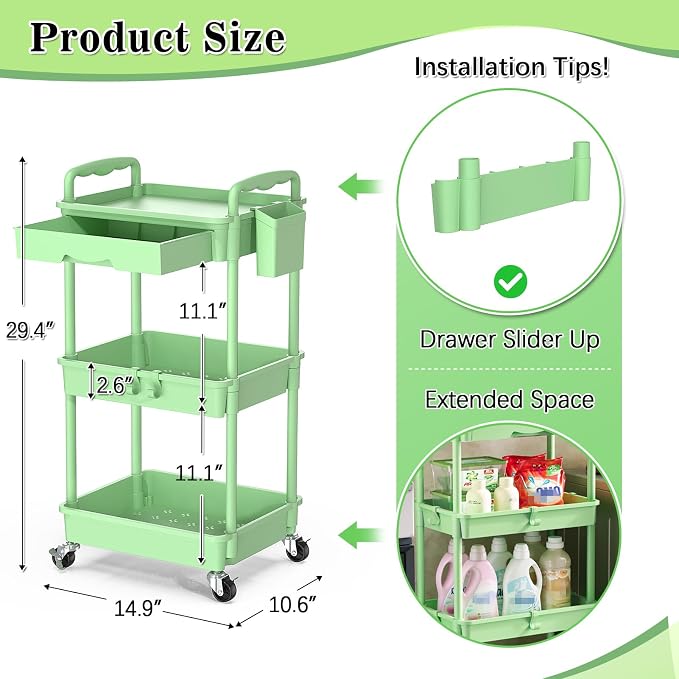 SUNALLY 3 Tier Rolling Cart with Drawer, Craft Storage Cart Organizer,Green | Bathroom Storage Organizer with 2 Lockable Wheels, Rolling Utility Cart for Kitchen, Office, Baby, Makeup, Nail,Snack,Laundry - Image 2