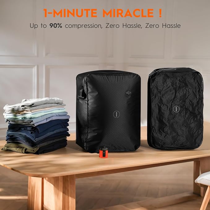 43L Max Capacity Vacuum Bags with Wireless Pump - Space Saver Compression Bags for Travel Luggage, No Checked Baggage, IP68, Reusable, Fits 20/24/28 Inch Suitcases (2PC No Tracker) - Image 3