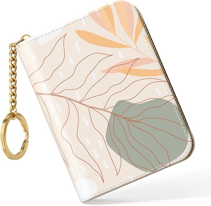 Nipichsha Credit Card Holder, Small RFID Card Wallet for Women, Slim Leather Card Holder Wallet, Credit Card Wallet Organizer, Pocket Business Card Case with Zipper & Keychain, Abstract Art Leaf by Nipichsha