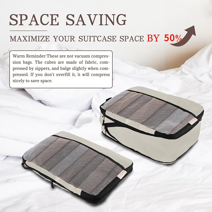 U+U 4 Set Compression Packing Cubes, Travel Organizers (Cream) | Space-Saving & Lightweight Travel - Image 2
