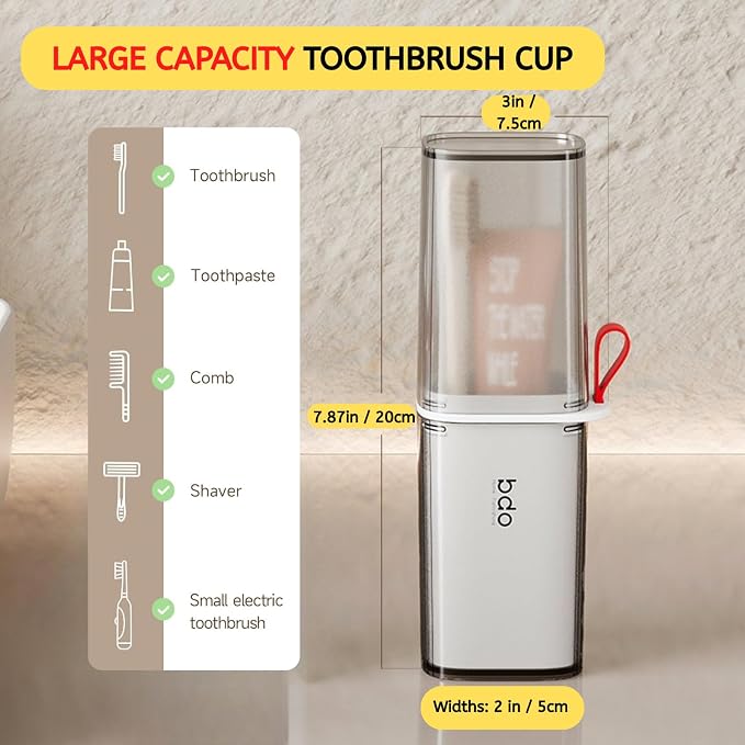 Topavatop Toothbrush Travel Case, 2 in 1 Toothbrush Holder and Rinse Cup, Large Capacity Toothbrush Cup with Cover, Portable Travel Toothbrush Holder for Traveling, Camping, Trip - 1Pcs - Grey&White - Image 3