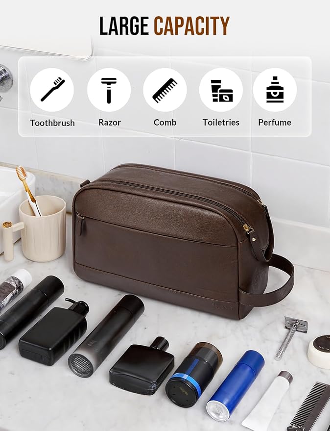 Large PU Leather Toiletry Bag for Men - Water Resistant Travel Bag for Toiletries, Bathroom Essentials, Accessories - Dark Brown - Image 4