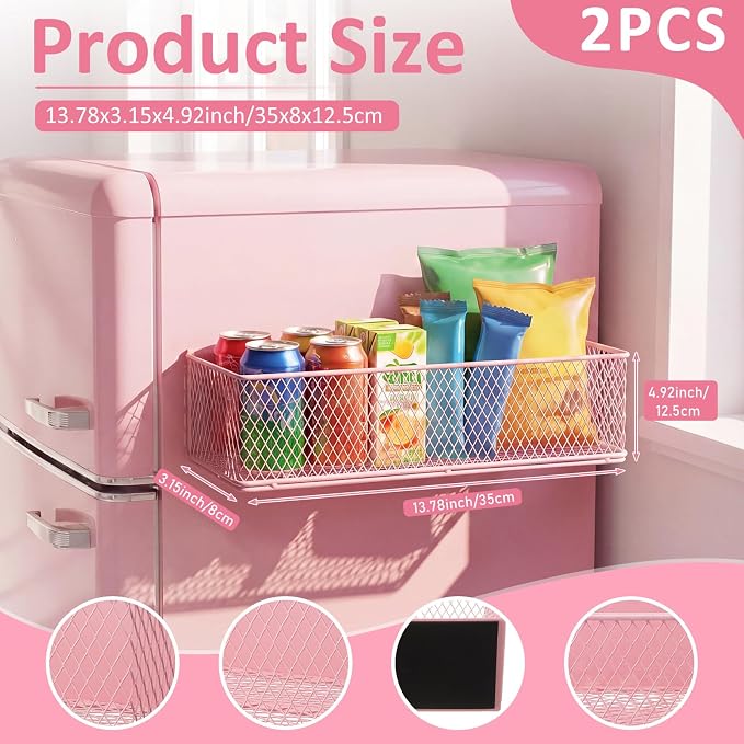 FoldTier 2 Pack Pink Magnetic Basket Dorm Mini Fridge Shelf Organizer Kitchen Storage Bin Container Spice Holder for Locker Refrigerator Pantry Dorm Essentials (13.8 x 3.1 x 4.9 Inch) - Image 2