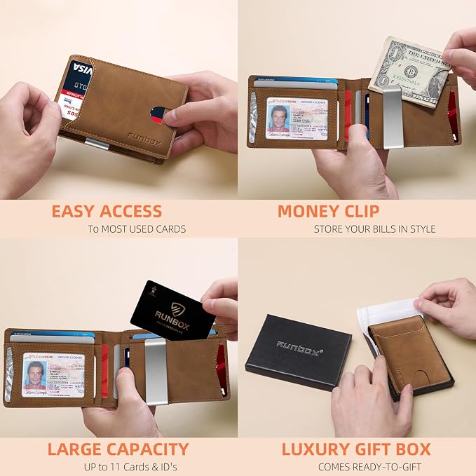 RUNBOX Slim Wallet for Men - RFID Blocking Leather Bifold with Money Clip | Minimalist Front Pocket Wallet Holds 11 Cards,Slim Thin Design,RFID Blocking Protection, Practical Birthday Gifts for Men - Image 2