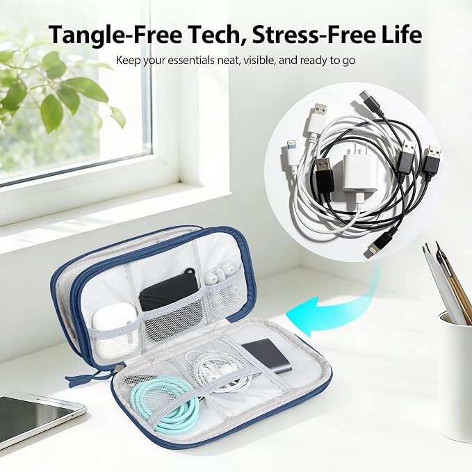 Double Layer Electronics Organizer Bag, Navy Blue | Water-resistant Oxford pouch with padded lining & 8 compartments. Compact 8.27x4.92in size. Includes 8 cable ties. - Image 5