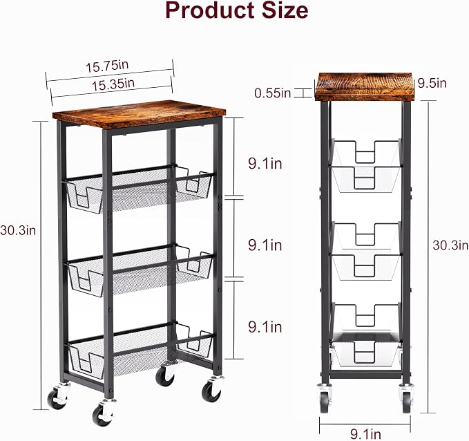 Slim Rolling Cart, 4-Tier Storage Cart, 9.1inch Narrow Kitchen Rolling Cart on Wheels for Small Space, Utility Cart Shelving Unit with Wooden Top and Metal Handle for Kitchen, Bathroom, Laundry Room - Image 4