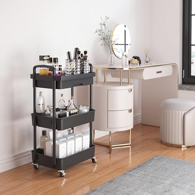 Calmootey 3-Tier Utility Cart with Drawer & Wheels, Storage for Home,Office | Space-Saving Organizer, Sturdy Plastic Shelves, Smooth-Rolling Metal Wheels, Built-in Drawer for Small Items, Black - Image 2