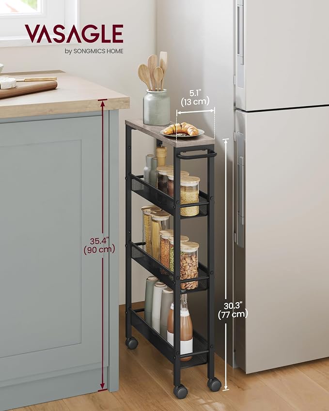 VASAGLE Slim Rolling Cart, 4-Tier Storage Cart, Narrow Cart with Handle, 5.1 Inches Deep, Metal Frame, for Kitchen, Dining Room, Living Room, Home Office, Heather Greige and Classic Black ULRC032K01 - Image 2