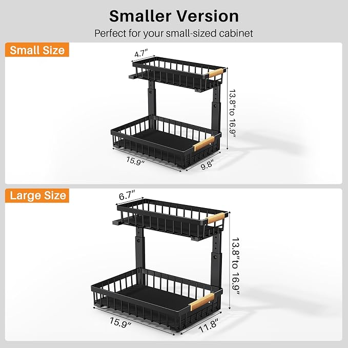 PXRACK Under Sink Organizer, Adjustable Height, 2 Tier Pull Out Under Cabinet Organizer, Slide Out Thickened Metal Under Sink Storage for Kitchen Bathroom Laundry Pantry Cabinet, Black, Small-2-Pack - Image 2
