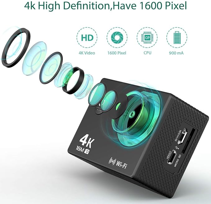 4K UHD Sports Camera 64GB Included, WiFi Action Camera, 100 feet Waterproof, 160 Degree Wide Angle, Remote Control, 2 Batteries, 2.0'' LCD with Mounting Accessories Kit, JS-07B, Black - Image 4