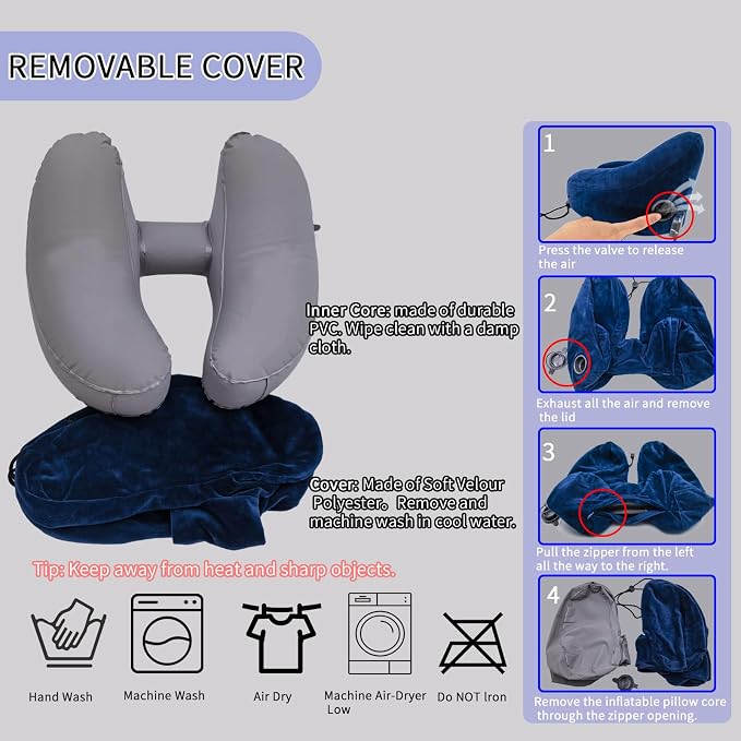 H-Shaped Travel Pillow with Snap-On Hood – Ergonomic Neck Support with Plush Velvet Cover, Instant Inflation & Compact Bag – for Airplane, Car, Office & Long Trips (Blue) - Image 7