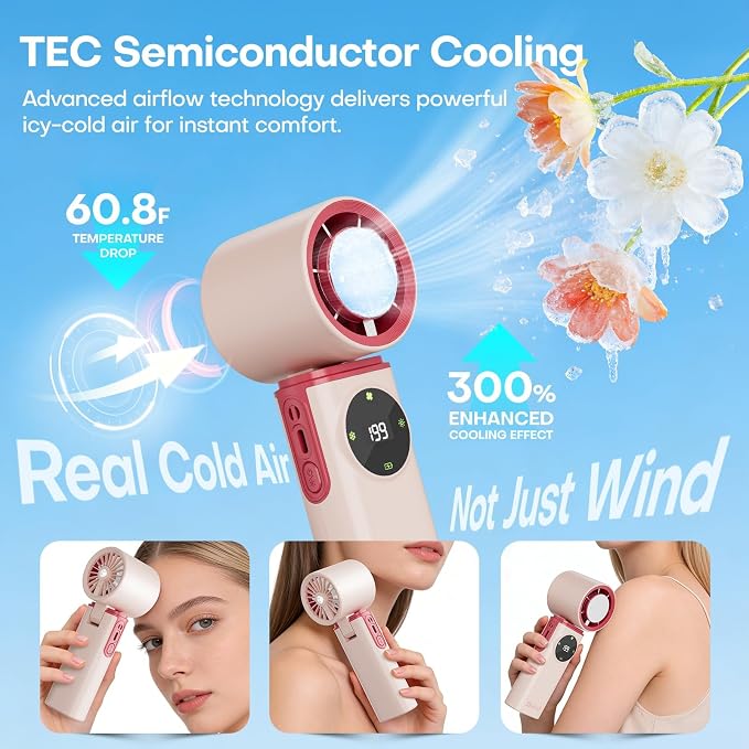 6000mAh Portable Handheld Fan with Ice Cooling, 199 Levels Stepless Speed, 20H Long Battery Life, 20000RPM Turbo Fan Rechargeable Personal Mini Fan for Travel, Outdoor, Makeup (Pink) - Image 2