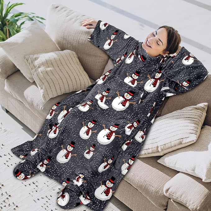 PAVILIA Fleece Blanket with Sleeves, Foot Pockets for Women Men Adults, Plush Wearable Blanket Throw Wrap, Warm Snuggle Blanket Robe, Cozy Gift Ideas Wife Mom, Snowman Gray - Image 3