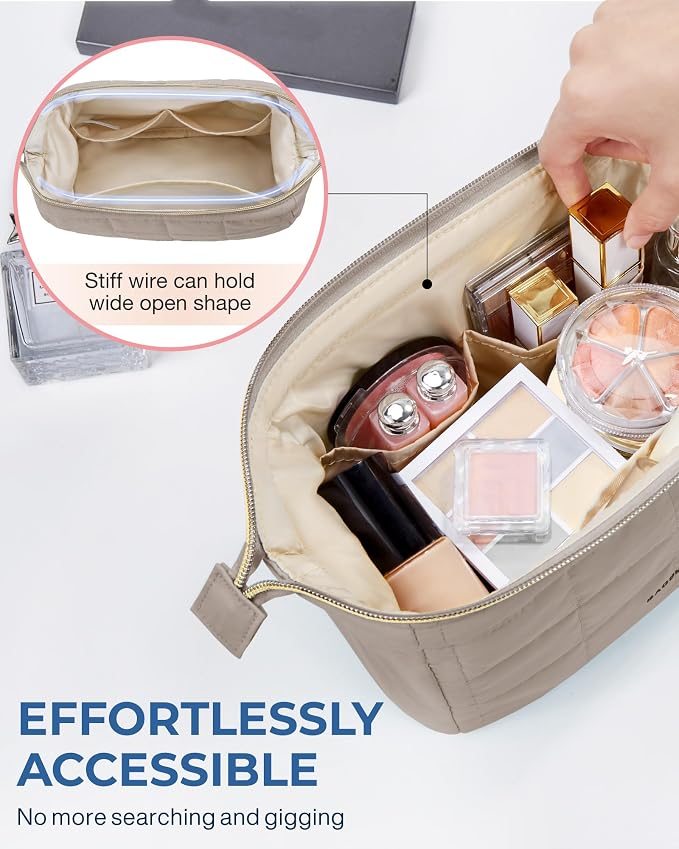 BAGSMART Makeup Bag Travel Toiletry Bag, Wide-open Zipper Pouch, Greige | Puffy Padded, Travel Essentials, Make Up Bag, For Women, Makeup Organizer, Toiletries Accessories Brushes - Image 5
