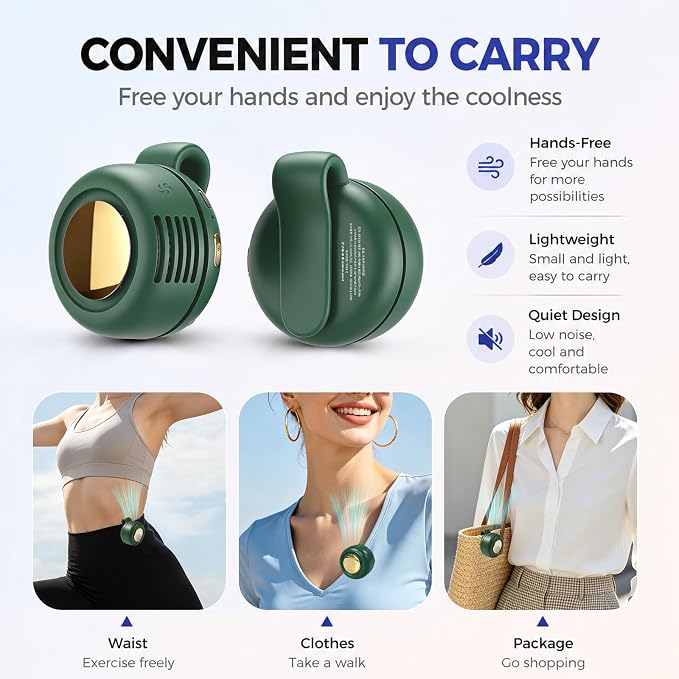 Portable Clip-on Fan Silent Bladeless Mini Fan | 360°Rotation 3-speed Modes Whirlwind Waist Clips Fans Hands-Free Cooling Fan Outdoor Trip Work Travel Green - Image 5