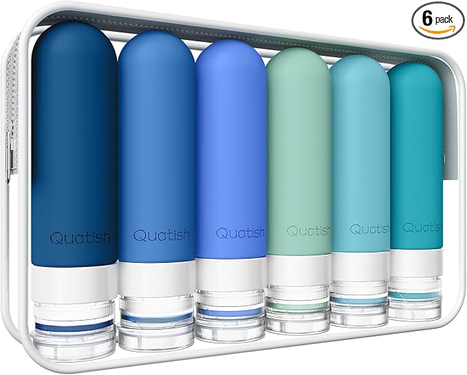 Quatish Travel Bottles for Toiletries 6 Pack, Original Patented Leakproof 3 oz Tsa Approved Travel Size Container, BPA Free Silicone Shampoo and Conditioner Bottle, Cruise Camping Essentials, Pacific by Quatish