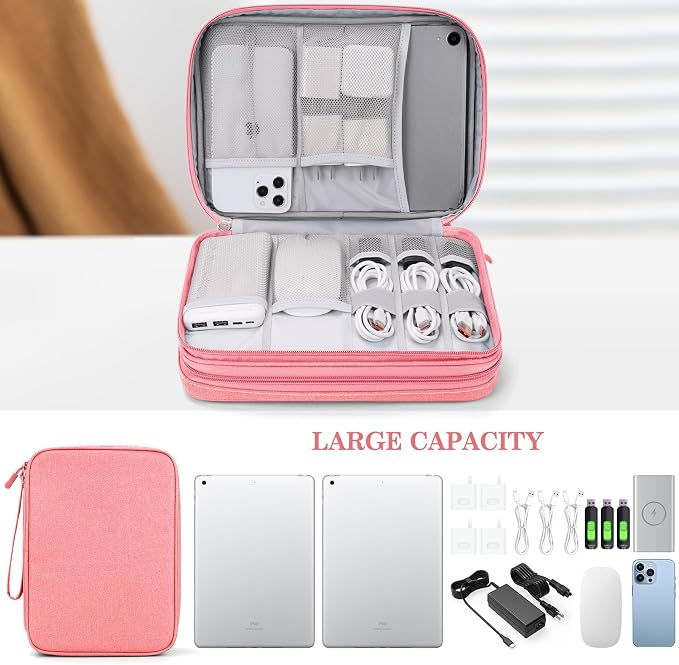 FYY Electronic Organizer, Travel Tech Pouch Bag, Extra Large, Pink | Wrist Strap, Waterproof, Double Layers Electronics Travel Case for iPad, Cord, Laptop Charger, Daily and Business Trips Use - Image 6