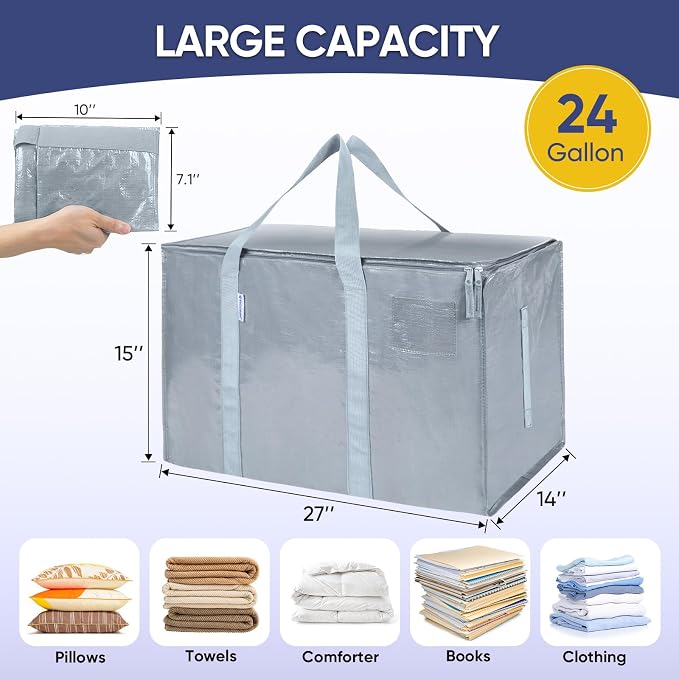 TICONN 4 Pack Extra Large Moving Bags Heavy Duty with Zippers & Carrying Handles, Durable Storage Bags Moving Boxes for Closet Organizers and Storage (4 Pack, Light Grey) - Image 5