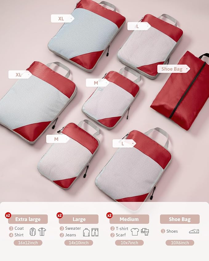 Meowoo 7 Set Compression Packing Cubes for Travel, Durable Ripstop Mesh Suitcase Organizer with Shoe Bag, Ultralight & Expandable Space Saver Travel Cubes - Image 2