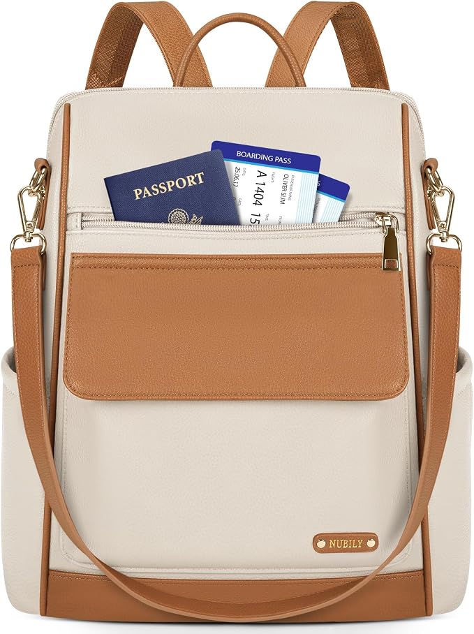 NUBILY Backpack Purse for Women Leather Anti-Theft Mini Backpack Fashion Designer Handbag Convertible Travel Bag Ladies Shoulder Bags, Beige by NUBILY
