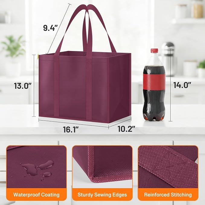 WISELIFE Reusable Grocery Bags, Foldable, Lasting Use, 35L, 4 Pack, Claret | Large Shopping Bags with Reinforced Stitching, Water-Resistant Grocery Totes for Kitchen, Market, Car Trunk, Picnic - Image 5
