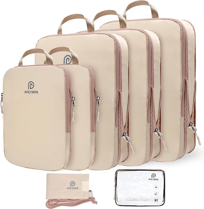 PFEYRPK Lightweight Compression Packing Cubes for Suitcases, Compressible Expandable Travel Packing Organizer with Clear Toiletries and Backpack Bag, Travel Essentials for Carry on Luggage 7 Set by PFEYRPK