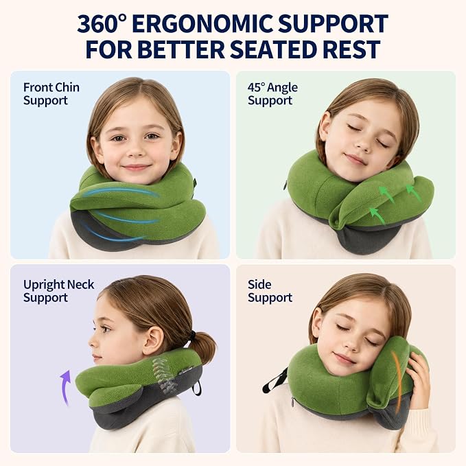 Kids Travel Pillows for Airplane, Memory Foam 360° Head Support Sleeping Essentials for Long Flight, Skin-Friendly Soft Neck Pillow for Traveling in Car Seat, (Small, Green Grey, 40-90 lbs) - Image 2