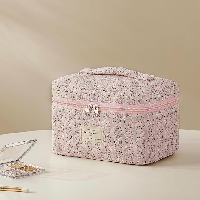 HBselect Quilted Makeup Bag, 3Pcs Cotton Large Travel Makeup Bags Organizer | Cute Floral Make up Bag Cosmetic Bag Toiletry Bag for Women Girls, Makeup Pouch for Skincare, Brushes & Travel Essentials - Image 5