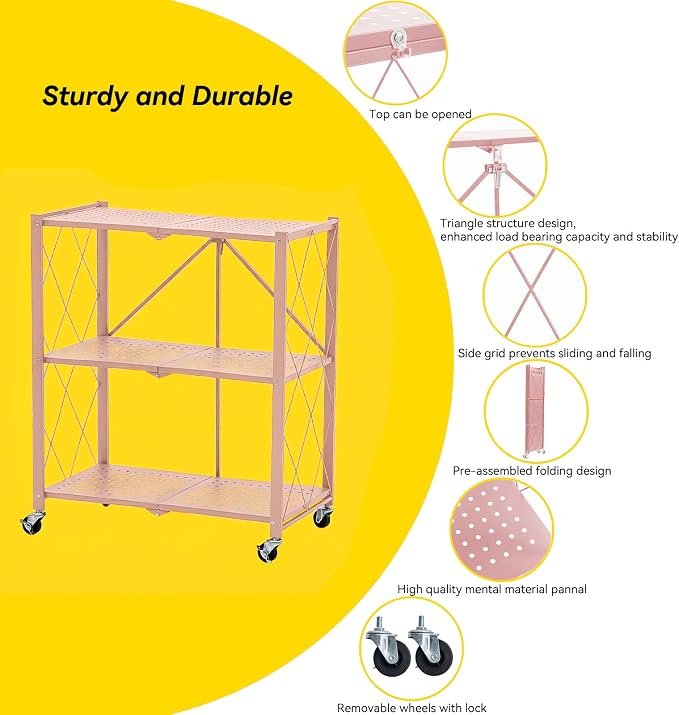BRIAN & DANY 3-Tier Foldable Storage Shelves with Wheels, No Assembly Folding Shelf Metal Rack, Shelving Unit for Kitchen, Garage, Pink - Image 5