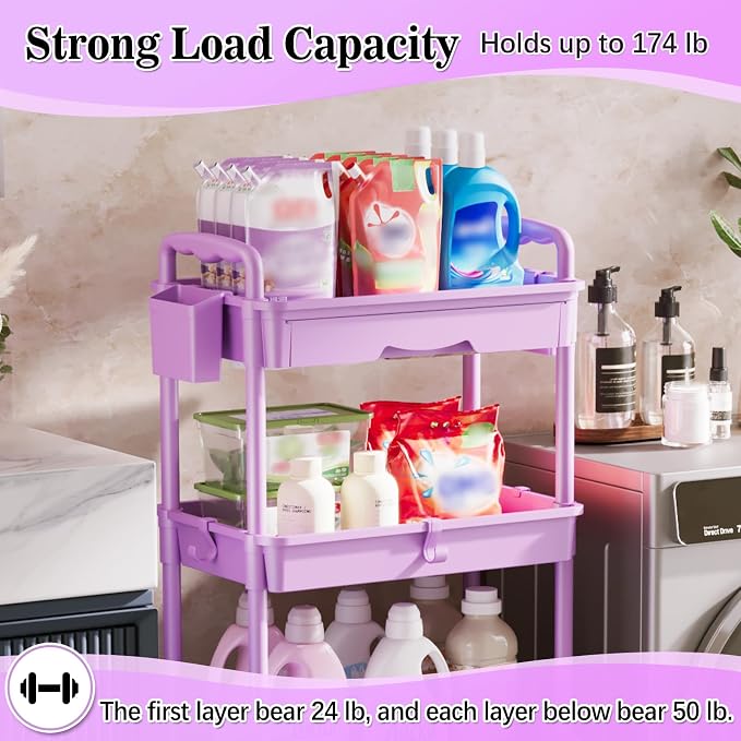 SUNALLY 4 Tier Rolling Cart with Drawer,Craft Storage Cart Organizer,Purple | Bathroom Storage Organizer with 2 Lockable Wheels, Rolling Utility Cart for Kitchen, Office, Baby, Makeup, Nail,Snack,Laundry - Image 5