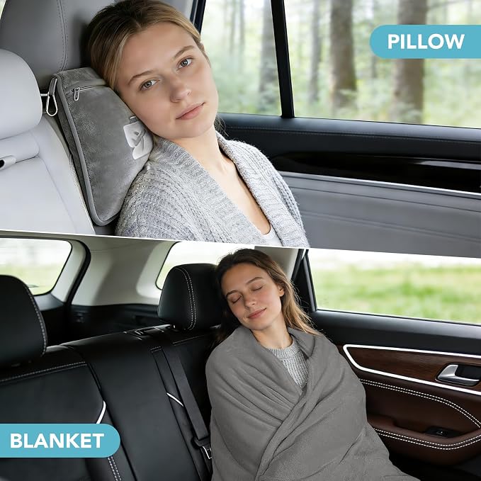 Travel Pillow and Blanket 2-in-1 Airplane Pillow Grey 60x50 Inch | Plane Packable, Airplane Travel Essentials, Soft Warm Lightweight Flannel Blanket Compo, Hand Luggage Sleeve&Backpack Clip - Image 3