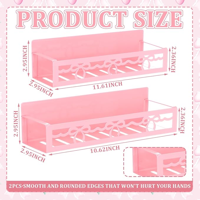 Beeveer 2 Pcs Magnetic Spice Rack for Refrigerator, Pink Bow | Magnetic, No Drilling, Pink Bow Kitchen Decor, Pink Home Accessories, 2 Sizes Metal Storage Shelf for Fridge Spices - Image 2