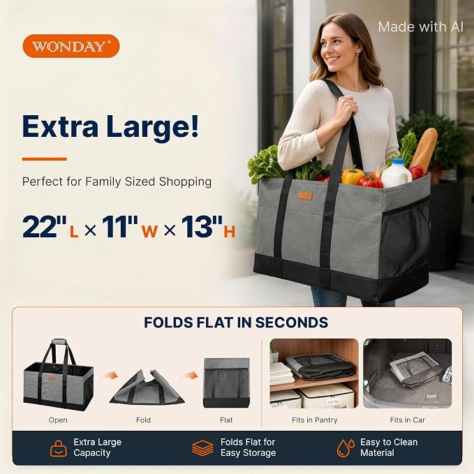 WONDAY Grey Foldable Utility Tote Bag, Reusable Grocery Bag | 22x11x13in, holds 50lbs, 600D Oxford fabric with PP board bottom, folds flat, side panels only, not self-standing - Image 4