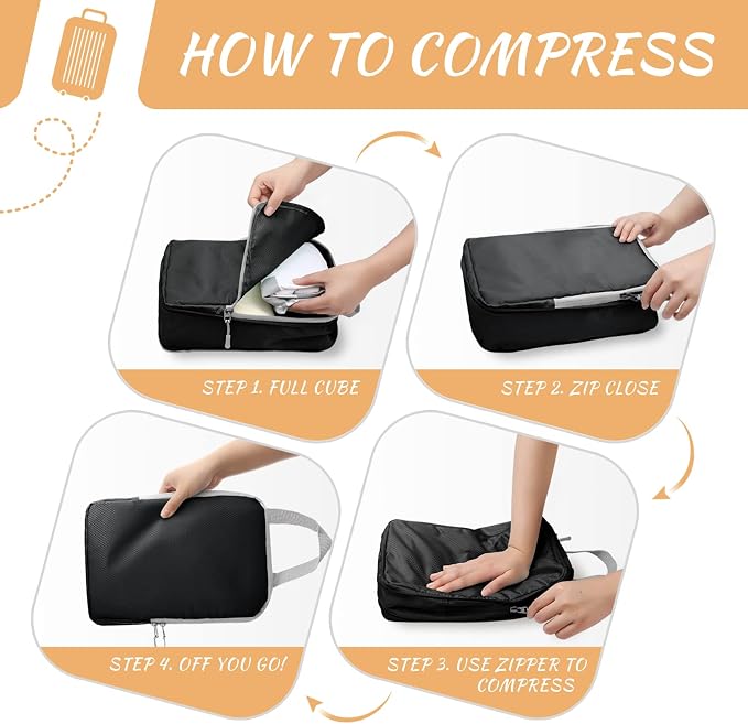 WOOMADA Compression Packing Cubes for Suitcases Travel Essentials 8 Set Expandable Travel Bags Organizer for Luggage(black) - Image 5
