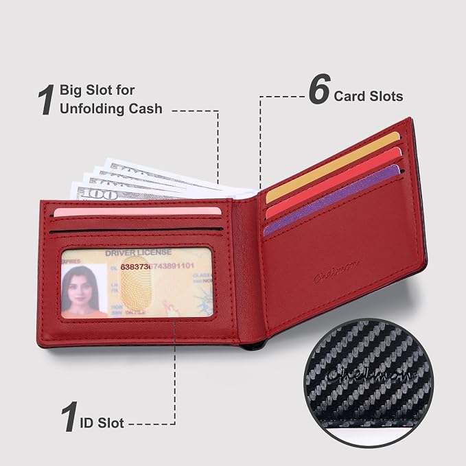 Chelmon Slim Wallet for Men ID Window with RFID Blocking Front Pocket Minimalist Bifold Bussiness Card Holder Gift for Men, Carbon Black & Red - Image 2
