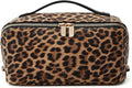 EACHY Travel Makeup Bag for Women, Flat Open Leopard Print Cosmetic Bag | Leopard-print PU leather cosmetic bag opens flat with dividers and clear TPU brush pocket for makeup and travel essentials by EACHY