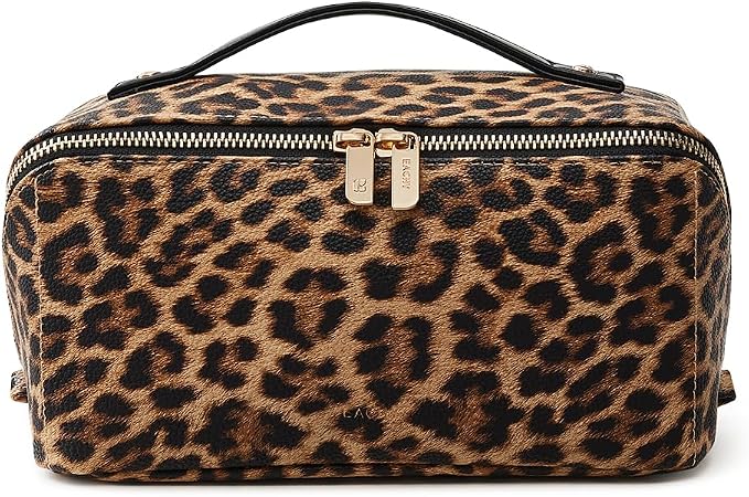 EACHY Travel Makeup Bag for Women, Flat Open Leopard Print Cosmetic Bag | Leopard-print PU leather cosmetic bag opens flat with dividers and clear TPU brush pocket for makeup and travel essentials by EACHY