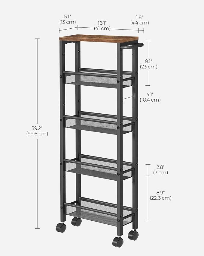 VASAGLE Slim Rolling Cart, 5-Tier Storage Cart, Narrow Carts with Handle, 5.1 Inches Deep, Metal Frame, for Kitchen, Dining Room, Living Room, Home Office, Rustic Brown and Classic Black ULRC034B01 - Image 6