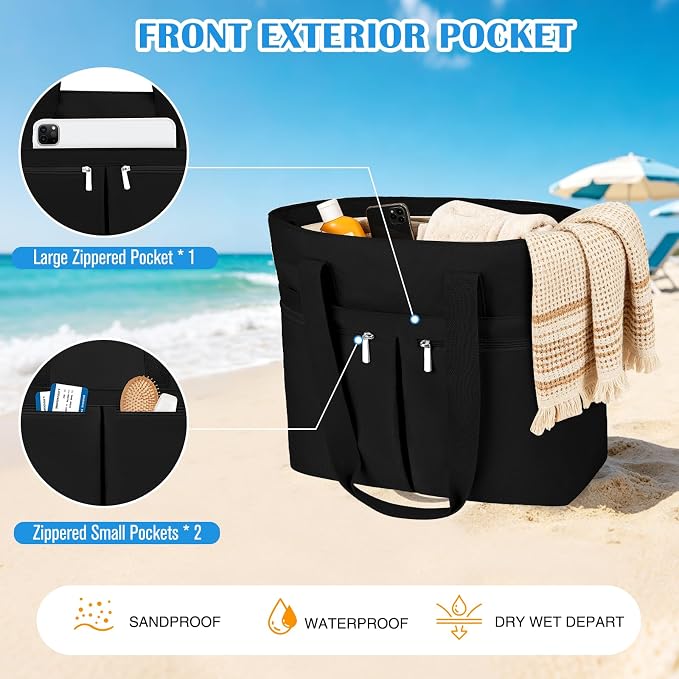 HUANLANG Large Beach Bags for Women Pool Bag with Zipper, Waterproof Sandproof Beach Tote Travel Bag with Wet Pocket - Image 3