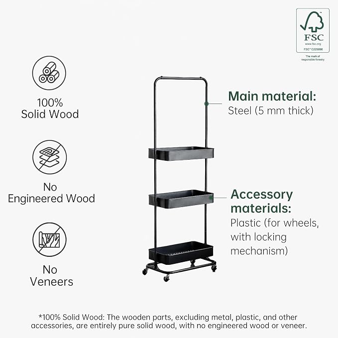 Tall 3 Tier Rolling Cart, Metal Storage Rack with Wheels for Indoor Spaces | Rust-resistant steel frame with adjustable tiers, locking wheels and 50 lbs shelves for flexible indoor organization. - Image 8